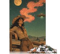 OVNI Vaquera Luna Occidental Rompecabezas 1000 Piezas, Desafío Puzzle | Diseño de pasto cósmico, Patrón OVNI juguetón, Desafío Difícil, Rompecabezas Mental, Desafío Puzzle, 14+, 70x50cm.