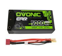 OVONIC Batería de polímero de litio de 2S de 7,4 V, 5000 mAh, 100 C, carcasa rígida con conector de bala de 4 mm para vehículos RC a escala 1:10
