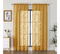 OVZME Cortinas traslúcidas Doradas de 84 Pulgadas de Largo, 2 Paneles para Sala de Estar, patrón de Hojas Jacquard Texturizado, filtrado de luz, Cortinas de Gasa semitransparentes para Dormitorio