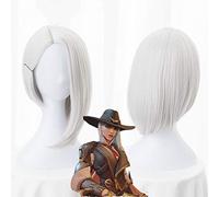 OW Ashe Peluca blanca plateada 35cm Corto Recto Corto Resistente al calor Pelo sintético Cosplay Disfraz Halloween + Gorra de peluca gratis