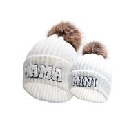 Owegvia 2 gorros de punto para padres e hijos, para mamá y mini bordados, gorro de esquí cálido con puños y pompón, 2 unidades, color blanco, Talla única