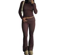 Owegvia Conjunto casual de 2 piezas con lunares de manga larga y cuello redondo y pantalones acampanados para mujer, marrón claro, M