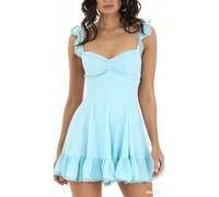 Owegvia Minivestido de encaje Y2K para mujer, dobladillo con volantes, lazo en la espalda, vestido corto con vuelo, acampanado, vestido ajustado para fiesta y club, azul claro, L