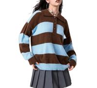 Owegvia Suéteres de otoño para mujer, elegantes, acogedores, de color de contraste, anchas, a rayas, cuello vuelto, manga larga, holgados, casuales, de punto, Rayas azules., S