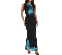 Owegvia Vestido largo ajustado con estampado de mariposas negras para mujer, espalda cruzada, escote barco, fiesta, cóctel, vestido largo, Negro, L