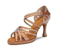 OWEIEYEU Sandalias de tacón alto con plataforma para mujer con diamantes de imitación, Tacón marrón de 9 cm, 36.5 EU