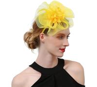OWEIEYEU Tocado para mujer, diseño de flores, cintas de malla, plumas, sombrero federo, diadema, clip de cóctel, headwewar, amarillo, 1 count (Pack of 1)