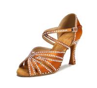 OWEIEYEU Zapatillas de baile de salón para mujer, tango, salsa, danza latina, sandalias de tacón alto cubano con diamantes de imitación, Tacón marrón de 5 cm, 37 EU