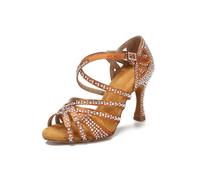 OWEIEYEU Zapatos de baile con diamantes de imitación para mujer, para boda, fiesta, elegante, de satén, sandalias latinas, Tacón marrón de 5 cm, 37 EU