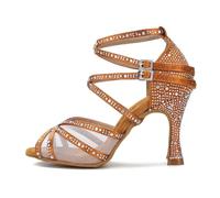 OWEIEYEU Zapatos de baile latino de malla para mujer, con diamantes de imitación, de satén, para boda, fiesta, elegantes, sandalias de fondo suave, Tacón marrón de 5 cm, 41 EU