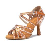 OWEIEYEU Zapatos de baile latino para mujer, con diamantes de imitación, suela suave, salsa, baile, baile, tacón alto, sandalias de boda, Tacón marrón de 7 5 cm, 40 EU