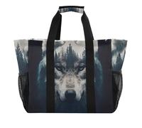 OWFKAY Bolsa de lona de viaje, bolsa de gimnasio deportiva, bolsa de playa, bolsa de hombro para fin de semana, bolsa de noche para mujer, plegable, reutilizable, bosque de lobos negros, Black Wolf