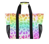 OWFKAY Bolsa de lona de viaje, bolsa de gimnasio deportiva, bolsa de playa, bolsa de hombro para fin de semana, bolsa de noche para mujer, plegable, reutilizable, estampado de leopardo arcoíris