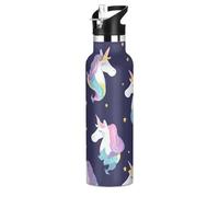 OWFKAY Botella de agua de fútbol para niños y niñas, 600 ml, termo de acero inoxidable con pajilla aislada al vacío, a prueba de fugas, para deportes, diseño de unicornio y cielo estrellado