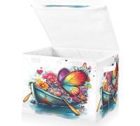 OWFKAY Contenedores de almacenamiento plegables grandes de tela con tapas, 16.5 x 12.6 x 11.8 pulgadas, cajas de almacenamiento plegables con diseño de mariposa, barco, flores, cestas organizadoras