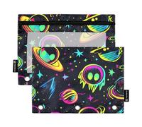 OWFKAY Estuche para carpetas de 3 anillas, paquete de 2 bolsas con cremallera de 3 agujeros con ventana transparente, patrón de planeta neón, Patrón de planeta neón, one sizex2, Neceser