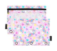 OWFKAY Estuche para carpetas de 3 anillas, paquete de 2 bolsas con cremallera de 3 agujeros con ventana transparente, unicornio rosa, corazón amarillo, Unicornio rosa, corazón amarillo, one sizex2