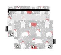 OWFKAY Estuche para carpetas de 3 anillas, paquete de 2 bolsas con cremallera de 3 agujeros con ventana transparente, diseño de osos polares lindos de Navidad, color blanco invierno (1), Lindos osos