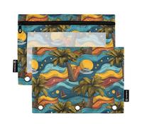 OWFKAY Estuche para carpetas de 3 anillas, paquete de 2 bolsas con cremallera de 3 agujeros con ventana transparente, patrón de palmera, sol, estrella, Patrón de palmera, sol, estrella, one sizex2