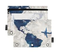 OWFKAY Estuche para carpetas de 3 anillas, paquete de 2 bolsas con cremallera de 3 agujeros con ventana transparente - World_map, World_map, one sizex2, Neceser