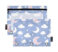 OWFKAY Estuche para carpetas de 3 anillas, paquete de 2 bolsas con cremallera de 3 agujeros con ventana transparente, bonito patrón de nube de luna, Bonito patrón de luna y nube, one sizex2, Neceser
