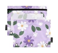 OWFKAY Estuche para carpetas de 3 anillas, paquete de 2 bolsas con cremallera de 3 agujeros con ventana transparente, patrón de margaritas moradas y blancas, Patrón de margaritas moradas y blancas