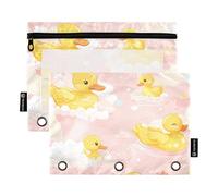 OWFKAY Estuche para carpetas de 3 anillas, paquete de 2 bolsas con cremallera de 3 agujeros con ventana transparente, patrón de nube de pato amarillo, Patrón de nube de pato amarillo, one sizex2