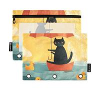 OWFKAY Estuche para carpetas de 3 anillas, paquete de 2 bolsas con cremallera de 3 agujeros con ventana transparente, color negro Orenge, Black Cat Orenge, one sizex2, Neceser