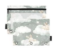 OWFKAY Estuche para carpetas de 3 anillas, paquete de 2 bolsas con cremallera de 3 agujeros con ventana transparente y patrón de conejo de nube, Patrón de conejo de nube, one sizex2, Neceser