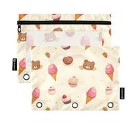 OWFKAY Estuche para carpetas de 3 anillas, paquete de 2 bolsas con cremallera de 3 agujeros con ventana transparente, patrón de helado de oso pequeño, Patrón de helado Little Bear, one sizex2, Neceser