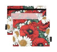 OWFKAY Estuche para carpetas de 3 anillas, paquete de 2 bolsas con cremallera de 3 agujeros con ventana transparente, patrón de flores de amapola y margaritas, Patrón de flores de amapola y margaritas