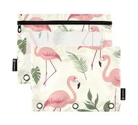OWFKAY Estuche para carpetas de 3 anillas, paquete de 2 unidades, 3 agujeros con cremallera con ventana transparente, hojas de palmera de flamenco, 42, Patrón de hojas de palmera de flamenco, one