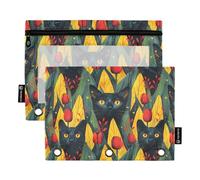 OWFKAY Estuche para carpetas de 3 anillas, paquete de 2 unidades, 3 agujeros con cremallera con ventana transparente, patrón de tulipán rojo y gatito negro, Patrón de tulipán rojo y gatito negro, one