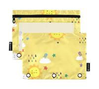 OWFKAY Estuche para carpetas de 3 anillas, paquete de 2 unidades, 3 agujeros con cremallera con ventana transparente, color amarillo, lindo arco iris, nube pájaro y sol, Amarillo Lindo Arco Iris Nube