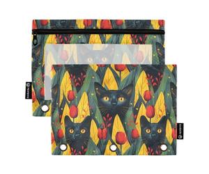OWFKAY Estuche para carpetas de 3 anillas, paquete de 2 unidades, 3 agujeros con cremallera con ventana transparente, patrón de tulipán rojo y gatito negro, Patrón de tulipán rojo y gatito negro, one