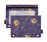 OWFKAY Estuche para carpetas de 3 anillas, paquete de 2 unidades, 3 agujeros con cremallera y ventana transparente, diseño geométrico de sol, luna y estrellas, Sun Moon Stars Geométrico, one sizex2