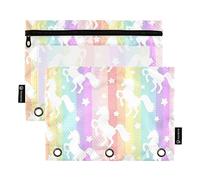 OWFKAY Estuche para carpetas de 3 anillas, paquete de 2 unidades, 3 agujeros con cremallera y ventana transparente, unicornio colorido, Unicornio colorido, one sizex2, Neceser