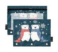 OWFKAY Estuche para carpetas de 3 anillas, paquete de 2 unidades, 3 agujeros con cremallera y ventana transparente, diseño de osos polares de Navidad, copos de nieve, color azul, Osos polares de