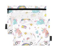 OWFKAY Estuche para carpetas de 3 anillas, paquete de 2 unidades, 3 agujeros con cremallera y ventana transparente, unicornio, unicornio, one sizex2, Neceser