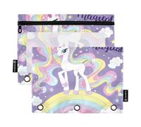OWFKAY Estuche para carpetas de 3 anillas, paquete de 2 unidades, 3 agujeros con cremallera y ventana transparente, unicornio arcoíris, Unicornio arcoíris, one sizex2, Neceser