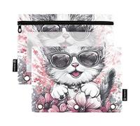 OWFKAY Estuche para lápices para carpeta de 3 anillas, paquete de 2 bolsas con 3 agujeros con cremallera con ventana transparente para gafas de sol de gato, Gafas de sol para gat, one sizex2, Neceser