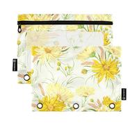 OWFKAY Estuche para lápices para carpeta de 3 anillas, paquete de 2 bolsas con cremallera de 3 agujeros con ventana transparente, flores de manzanilla amarilla y mijo, Flores de manzanilla amarilla y