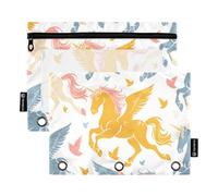 OWFKAY Estuche para lápices para carpeta de 3 anillas, paquete de 2 bolsas con cremallera de 3 agujeros con ventana transparente, patrón de unicornios y pájaros, Patrón de unicornios y pájaros, one