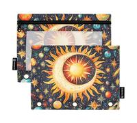 OWFKAY Estuche para lápices para carpeta de 3 anillas, paquete de 2 bolsas con cremallera de 3 agujeros con ventana transparente, luna creciente, sol, planeta, Luna creciente, sol, planeta, one sizex2