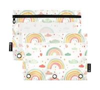 OWFKAY Estuche para lápices para carpeta de 3 anillas, paquete de 2 bolsas de 3 agujeros con cremallera con ventana transparente, patrón de nube arcoíris infantil blanco, Patrón de nube arcoíris