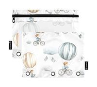 OWFKAY Estuche para lápices para carpeta de 3 anillas, paquete de 2 unidades, 3 agujeros con cremallera, con ventana transparente, patrón de bicicleta para niños, Patrón de bicicleta de globo para