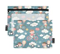 OWFKAY Estuche para lápices para carpeta de 3 anillas, paquete de 2 unidades, 3 agujeros con cremallera con ventana transparente, patrón de nube de bicicleta infantil, Patrón de nube de bicicleta
