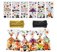 OWill 120 bolsas de dulces de Halloween, bolsas de regalo con 130 lazos dorados y negros, bolsas de celofán para dulces de 27 x 13 cm