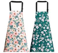OWill 2 Piezas Delantal Cocina Mujer, Paquetes de Delantales Florales con Banda Para el Cuello Ajustable e Impermeable y Bolsillos para Mujeres, Hombre y Pareja, 67 * 71cm