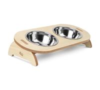 OWill Cuenco elevados para gatos y perros, 15° de inclinación, 2 cuencos de acero inoxidable para agua y alimentos con soporte de madera